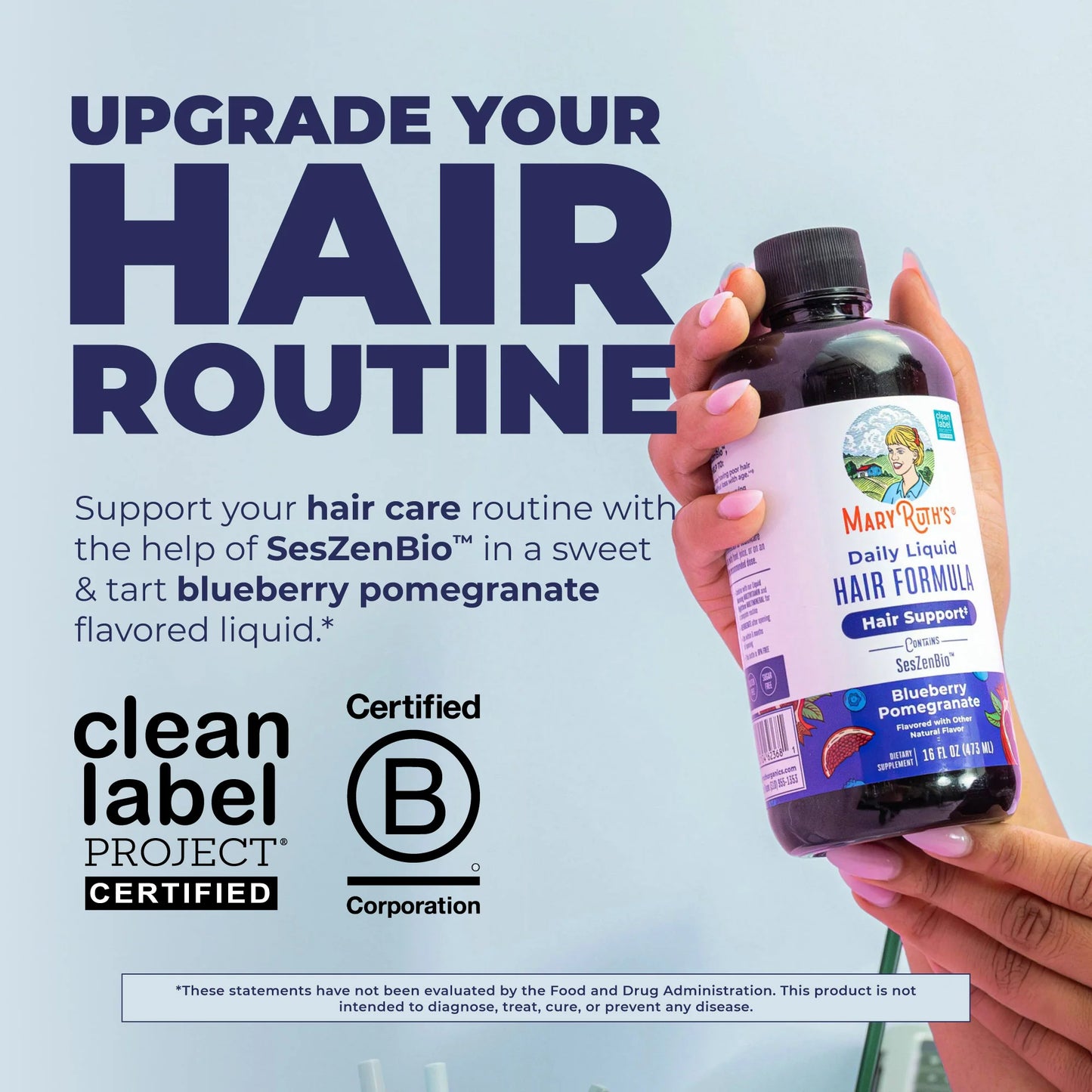 MARYRUTH'S Daily Liquid Hair Formula | With 500 mg SesZenBio™ + 2,500 mcg Biotin | Vitamin C | Thicker, Stronger Hair for Women | Hair, Skin, & Nail Health | Collagen Production | 16 Fl Oz